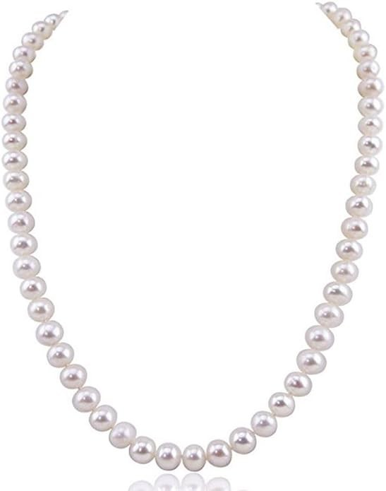 8mm White Round Pearl Beads Necklace for Women and Men Gold Clasp