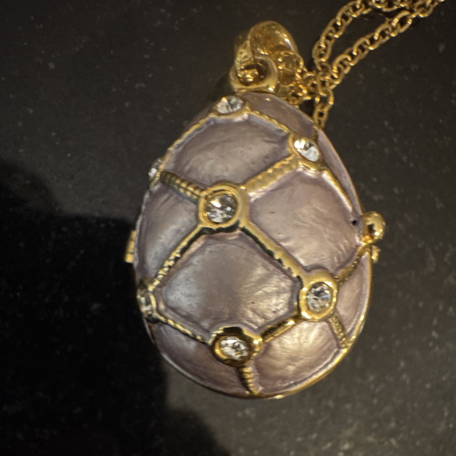 Gold Tone Purple Egg Locket Pendant Necklace Crystal Rhinestone Cable Chain