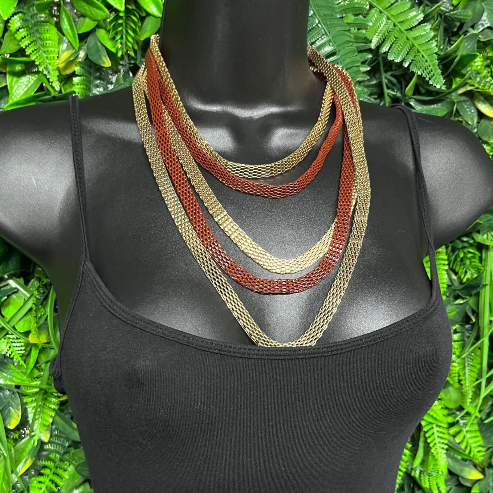Multi Strand Statement Necklace Gold and Terracotta Red Mesh Chain Tiered 3817