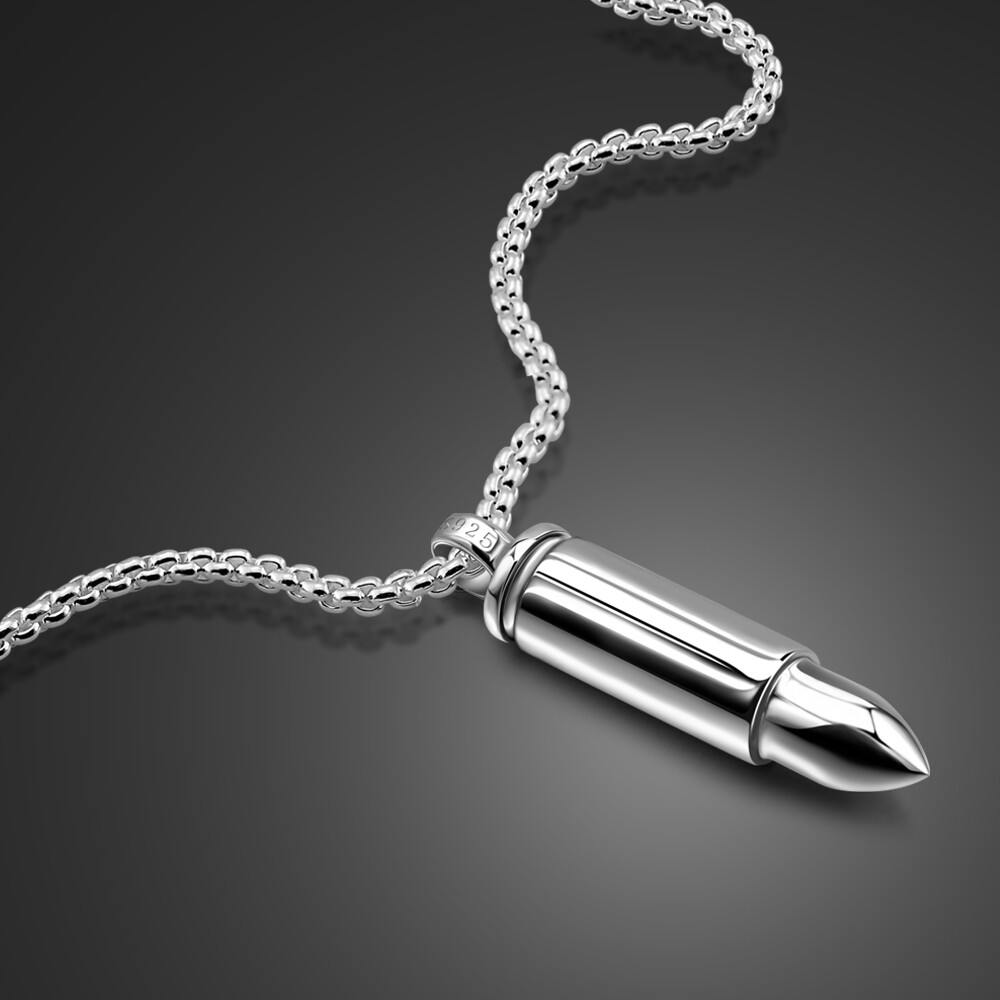 Mens Solid 925 Sterling Silver Bullet Pendant w/ Box Chain Necklace 18″-28″