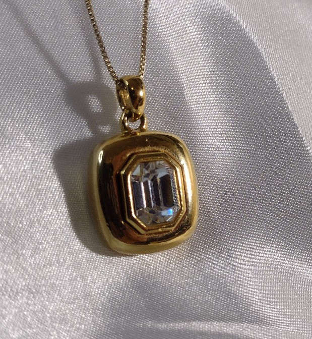 Emerald Cut Clear Crystal Goldtone Bezel Set Pendant Necklace – 32″ – Brilliant