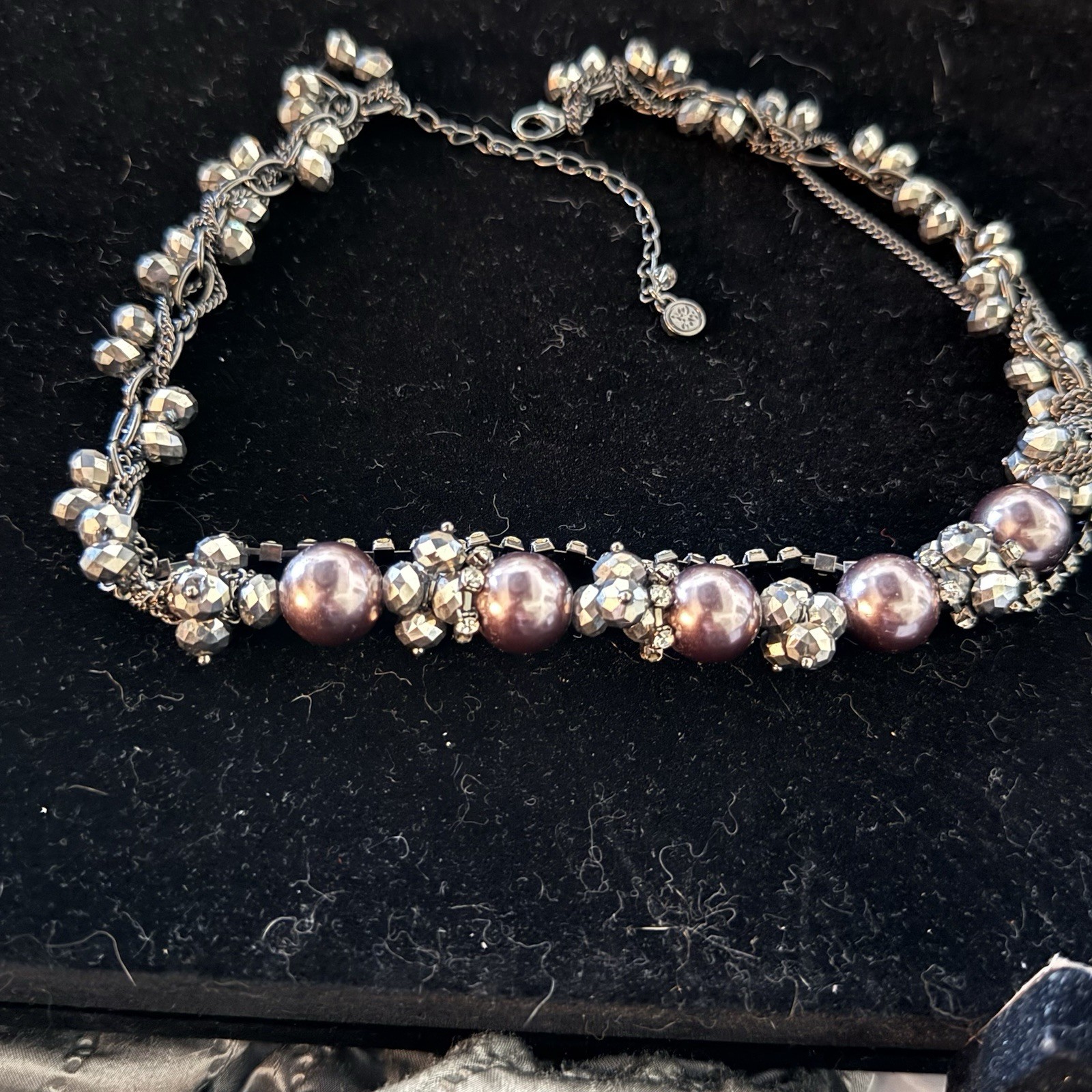 Silver tone pink faux pearl & crystal cluster statement necklace, adjustable