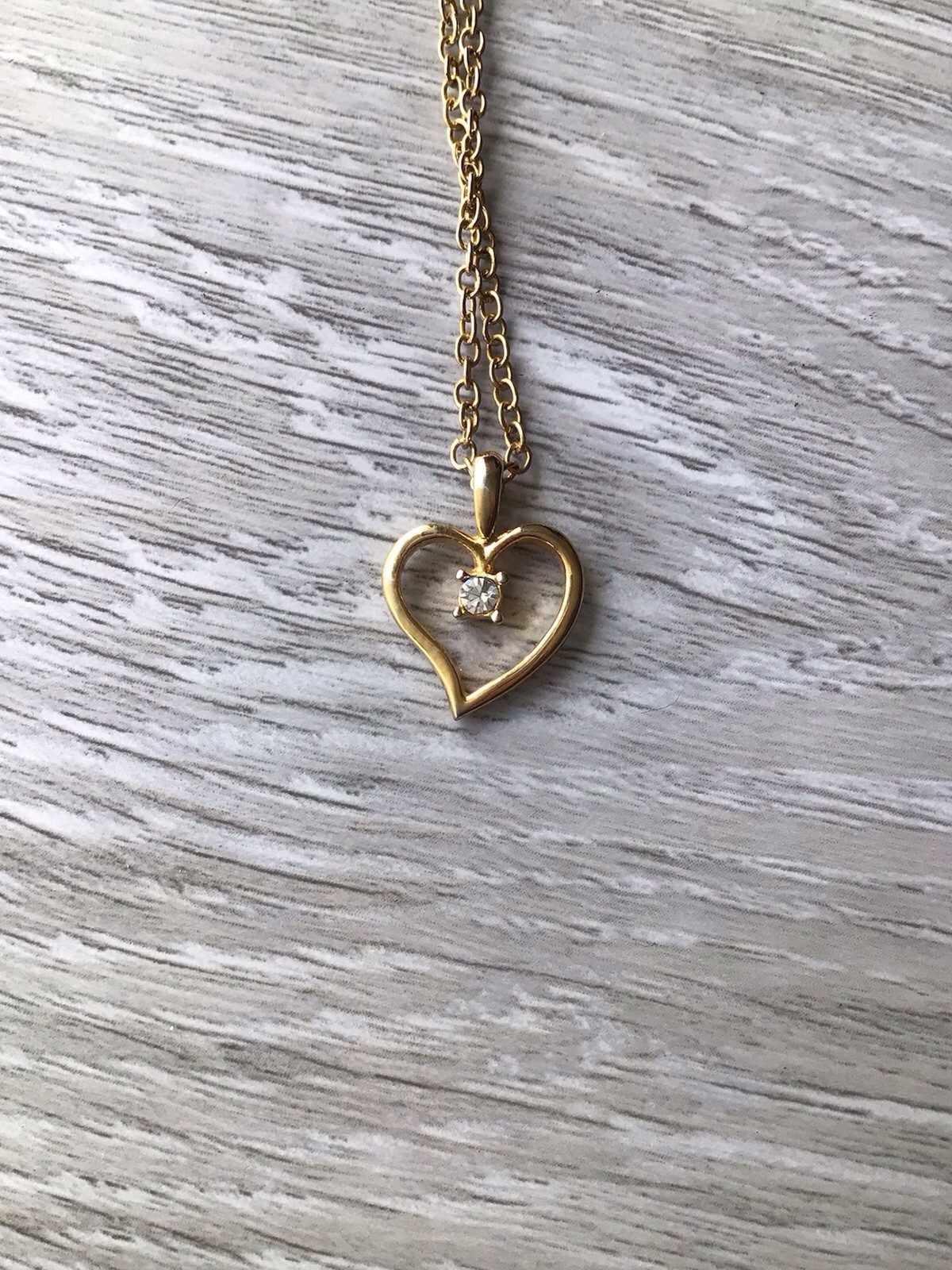 Gold Tone Cable Chain Heart Charm Pendant Necklace w/ Prong-Set Clear Crystal