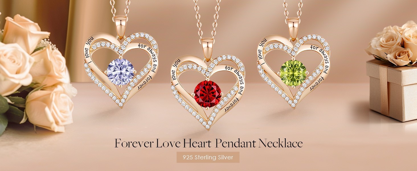 925 Sterling Silver CZ Birthstone Heart Pendant Necklace Forever Love Gift