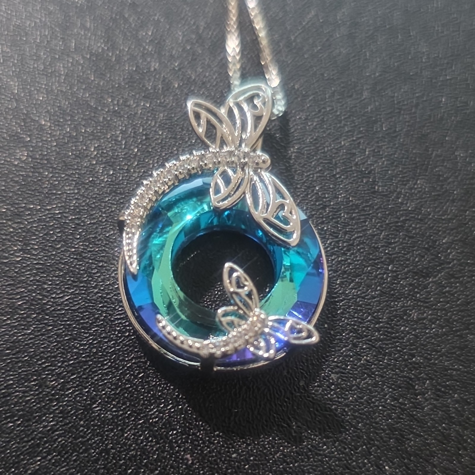 Silver Tone Adjustable Chain Necklace, Blue Crystal Dragonfly Charm Pendant