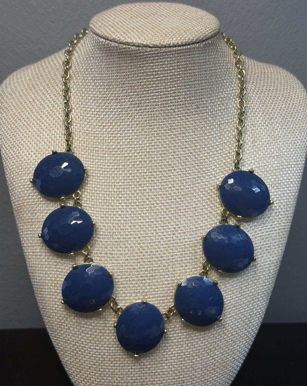 Blue Round Disc Statement Necklace Metal Gold Tone Cable Chain 7 Gemstones