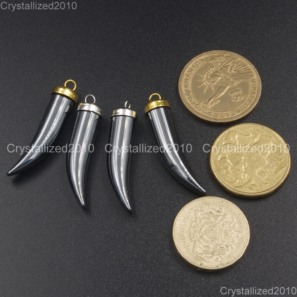 Natural Hematite Gemstone Horn Tusk Tooth Pendant Necklace Beads Silver Gold Cap