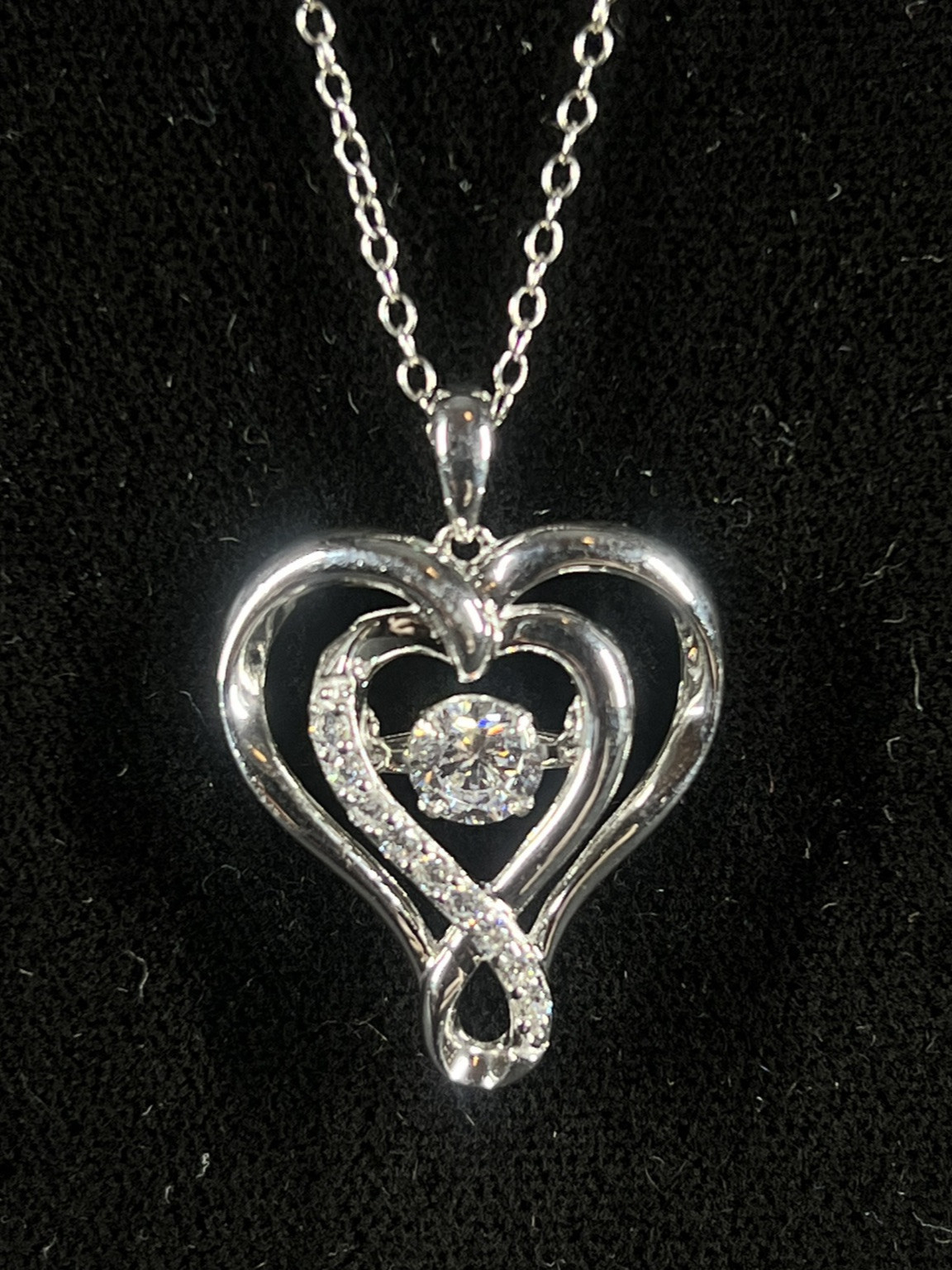 SAI Sterling Modern Heart Shape & Wiggle Rhinestone Pendant On Sterling Chain