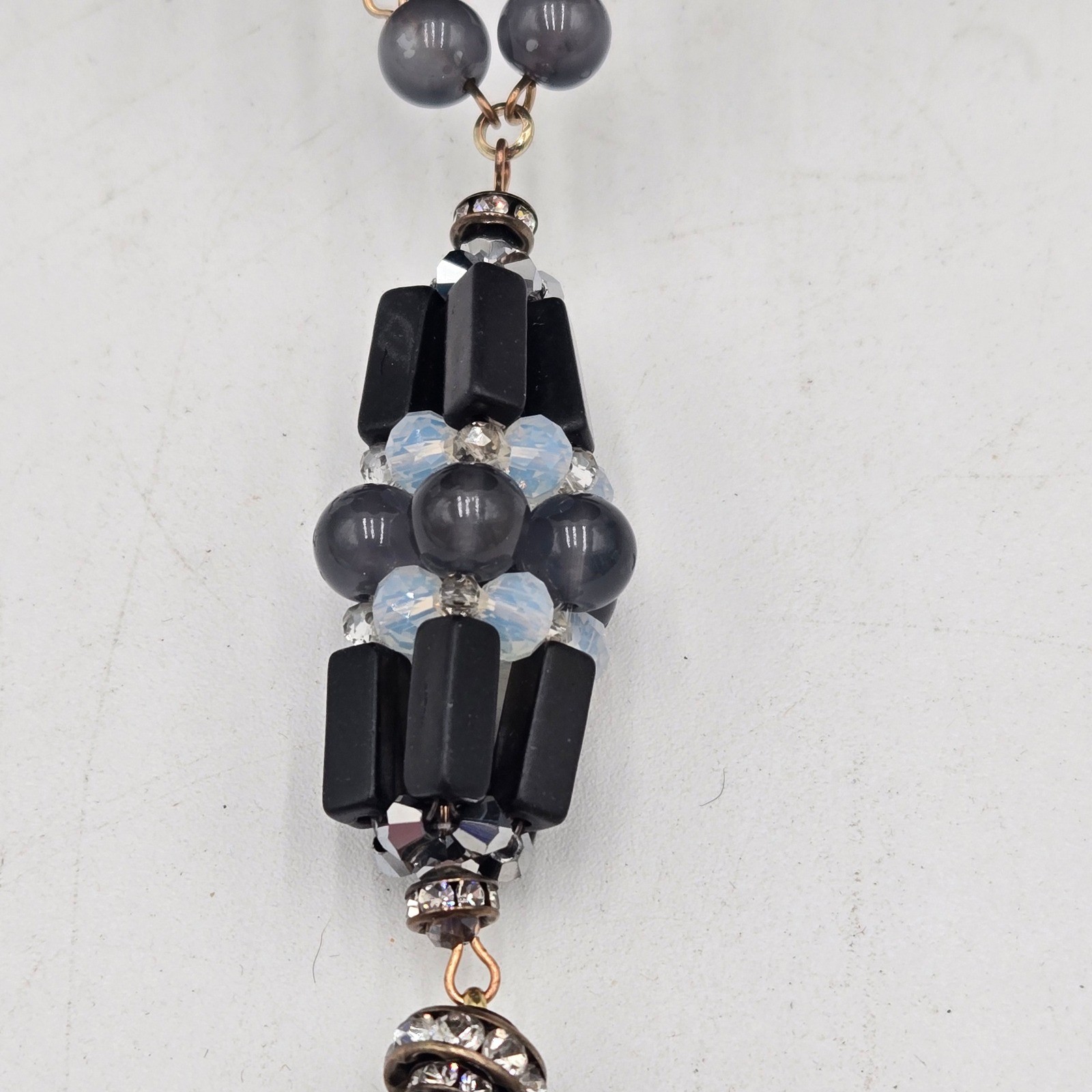 Womens Long Beaded Tassel Necklace Black Grey Faceted Stone Boho Statement