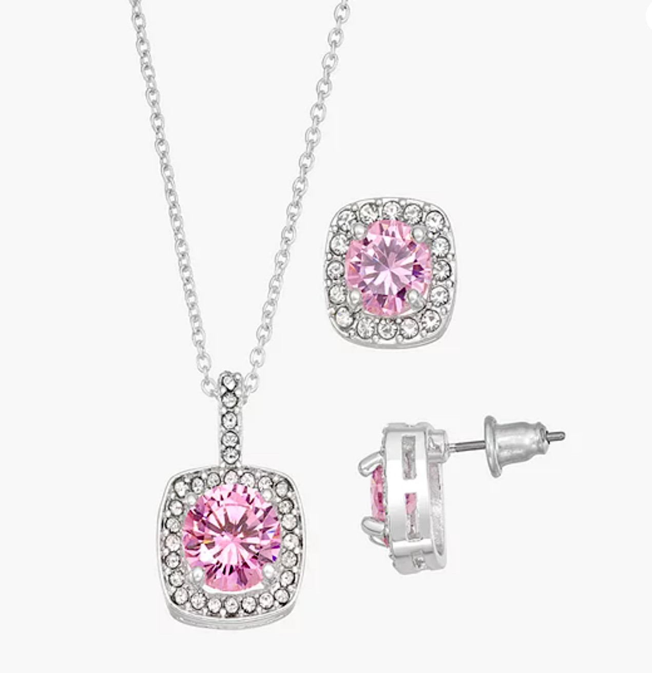 MACY’S SILVER PLATED PINK CUBIC ZIRCONIA STUD EARRINGS & NECKLACE 18″ SET NIB
