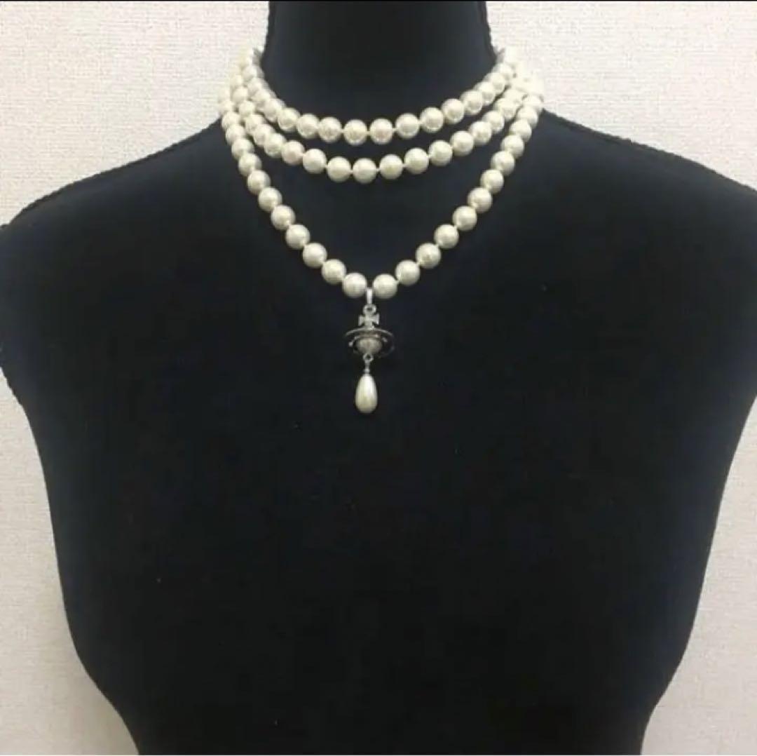 Vivienne Westwood Necklace 3-strand Pearl Drop Silver w/drawstring [E0155