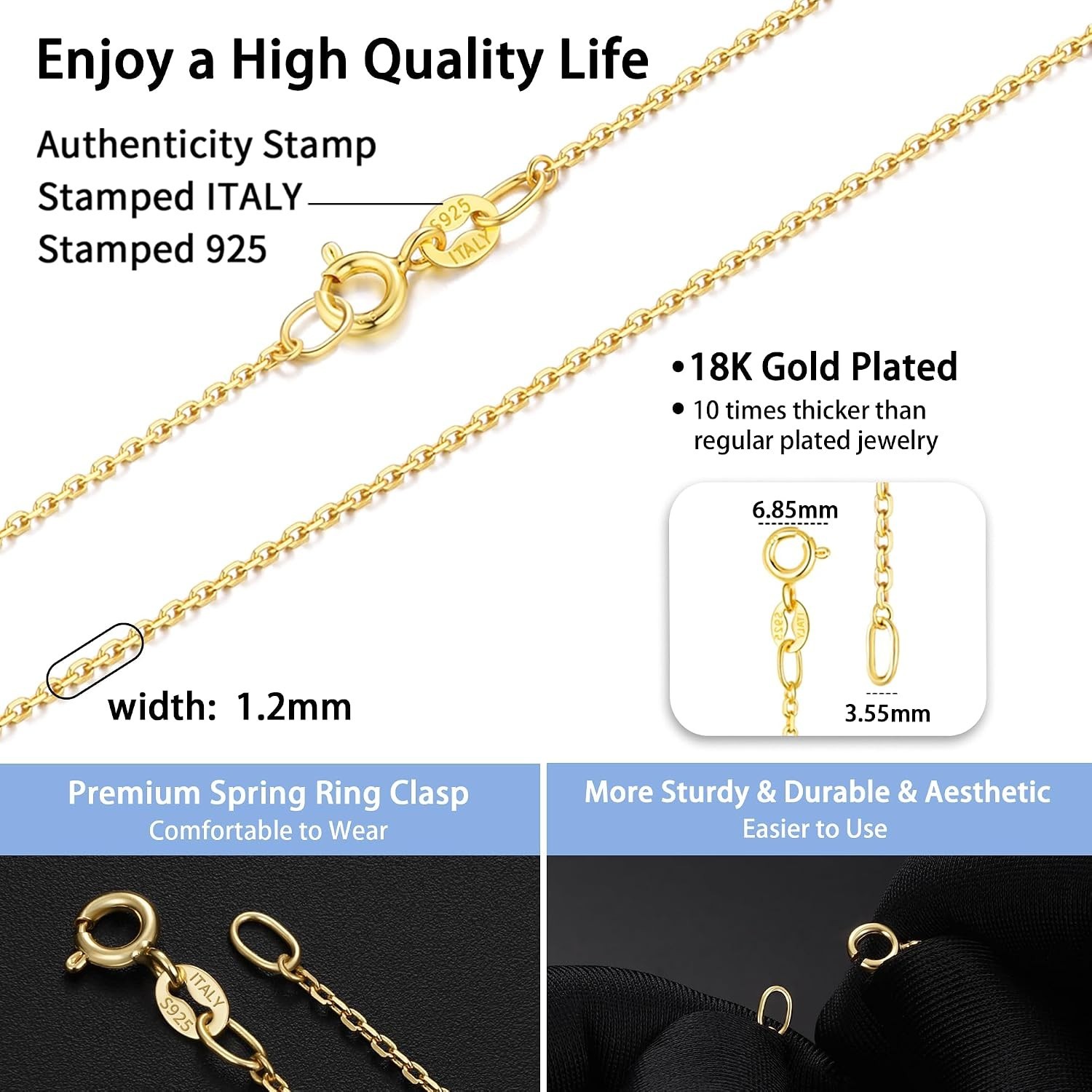 Elegant 18K Gold Plated Sterling Silver Cable Chain Necklace