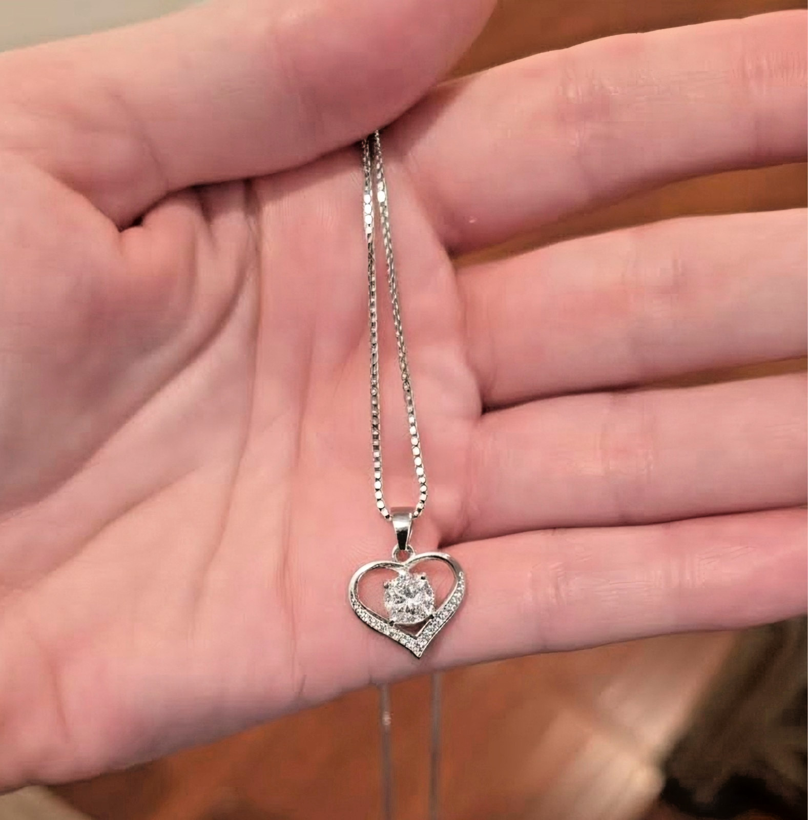 Cubic Zirconia Heart Pendant Necklace | Stainless Steel 16″ Venetian Box Chain