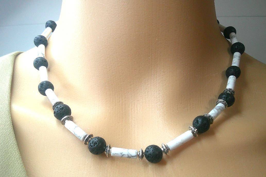 Howlite and Lava Rock Beaded Choker Necklace Stylish Handmade