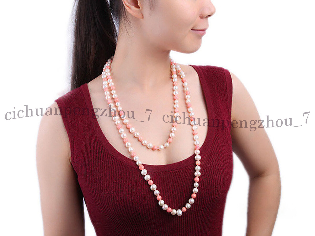 Natural 7-8mm White Freshwater Pearl 8mm Pink Coral Round Beads Necklace 36-100″