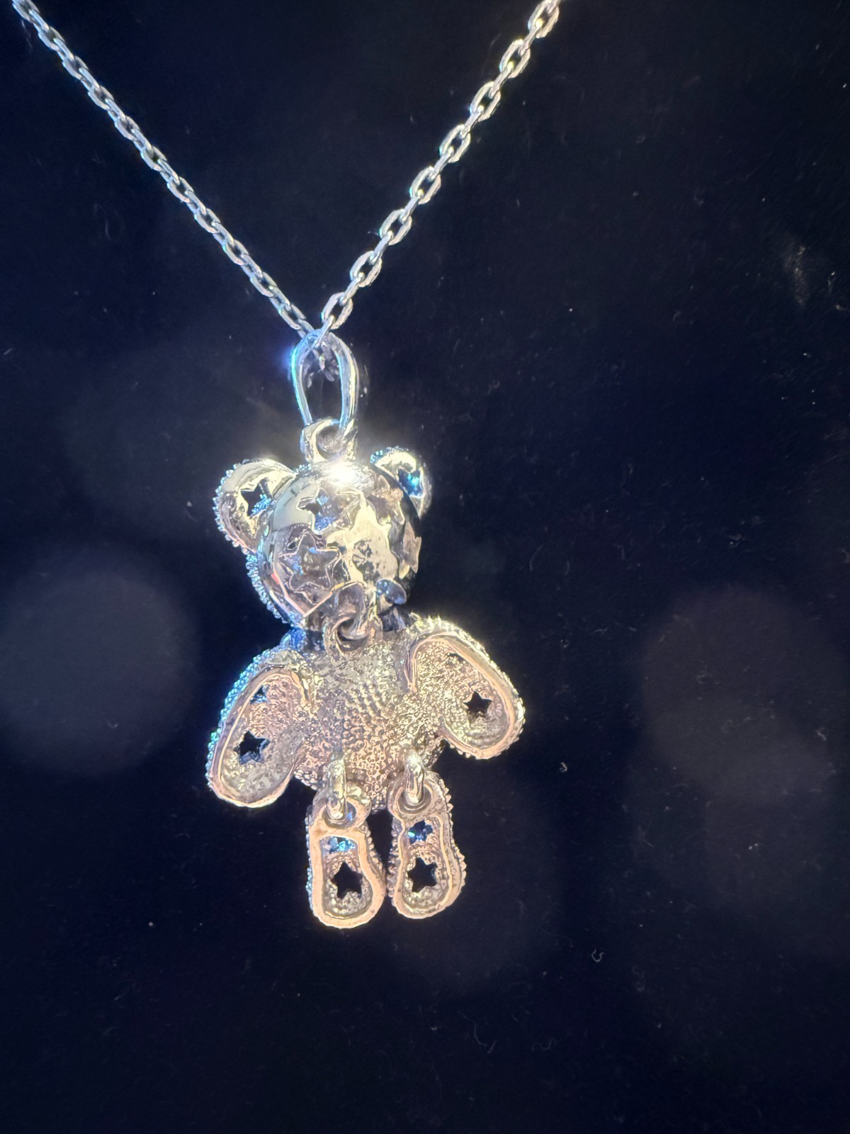 “JN” Sparkling Silver Toned Teddy Bear Necklace