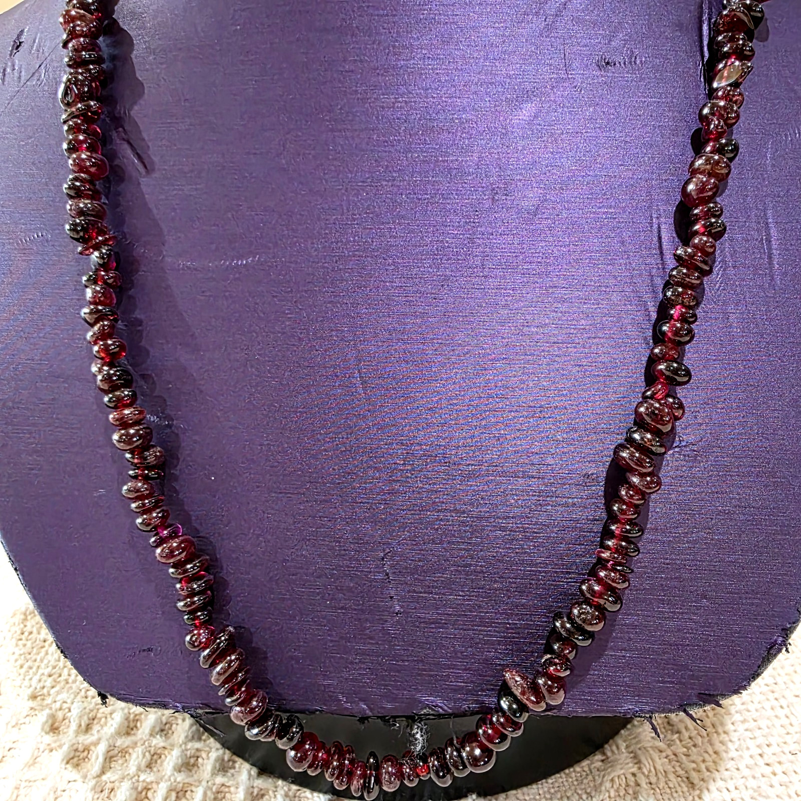 Vintage Natural Red Garnet Nugget Bead Beaded Necklace Original Silk Satin Bag