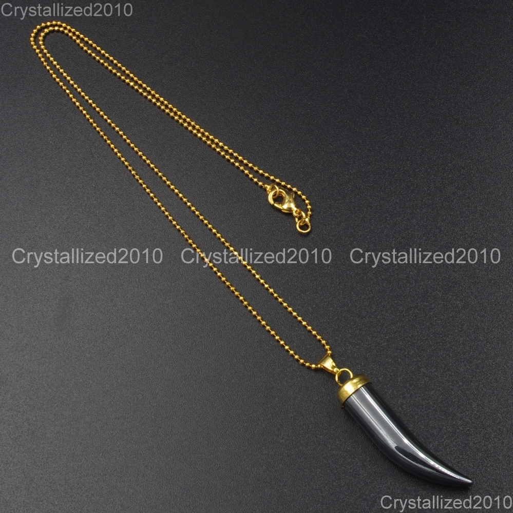 Natural Hematite Gemstone Horn Tusk Tooth Pendant Necklace Beads Silver Gold Cap
