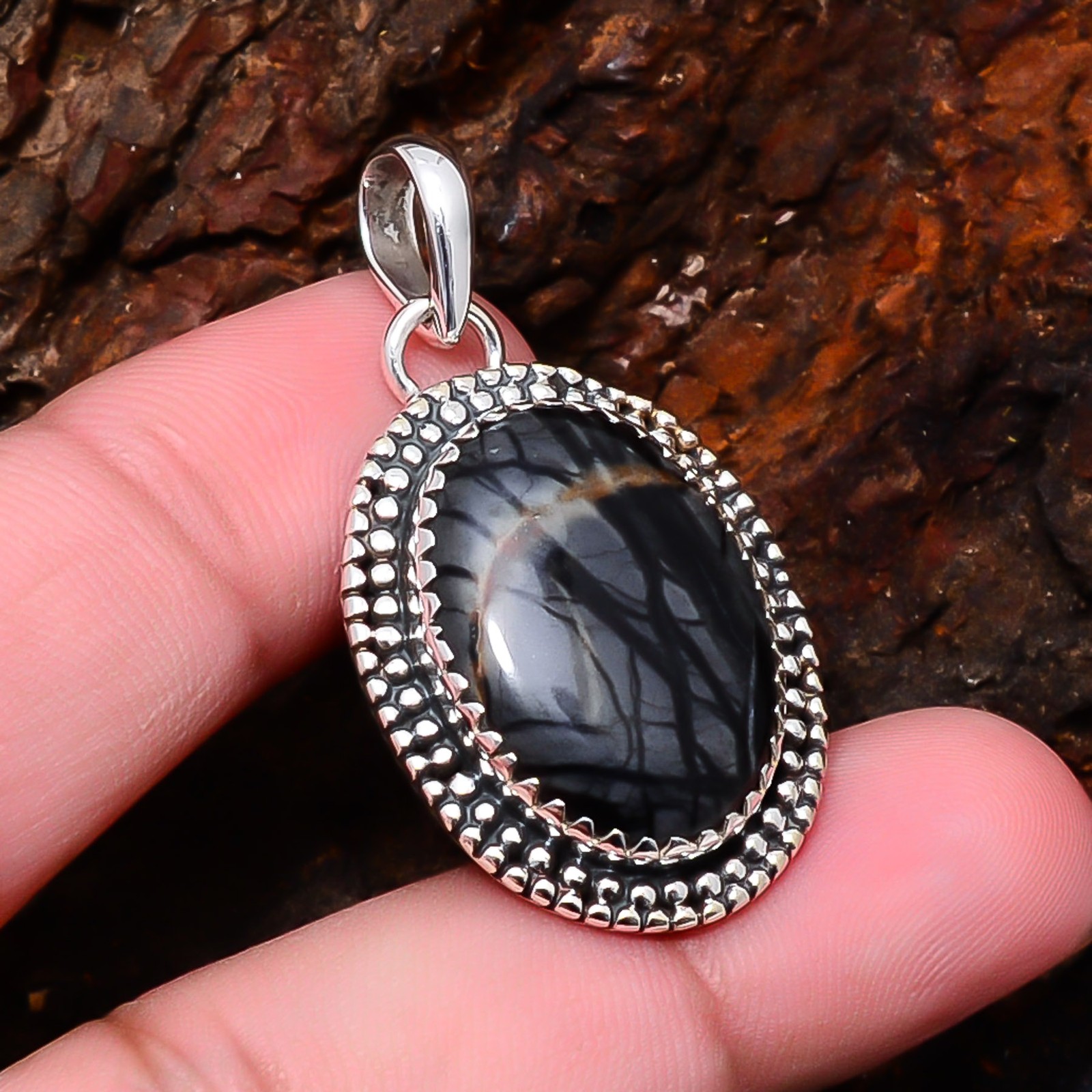 Picasso Jasper 925 Sterling Silver Vintage Inspired Statement Pendant 1.56″ P8