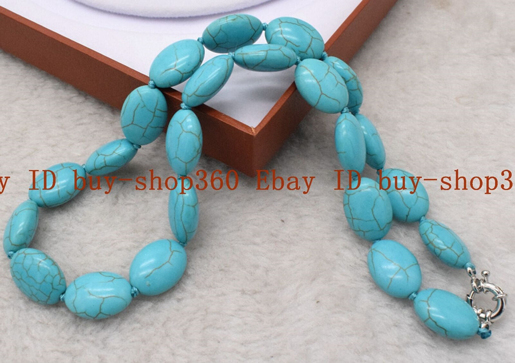 Pretty 13x18mm Blue Oval Turquoise Gemstone Beads knotted Necklace 14-36 in