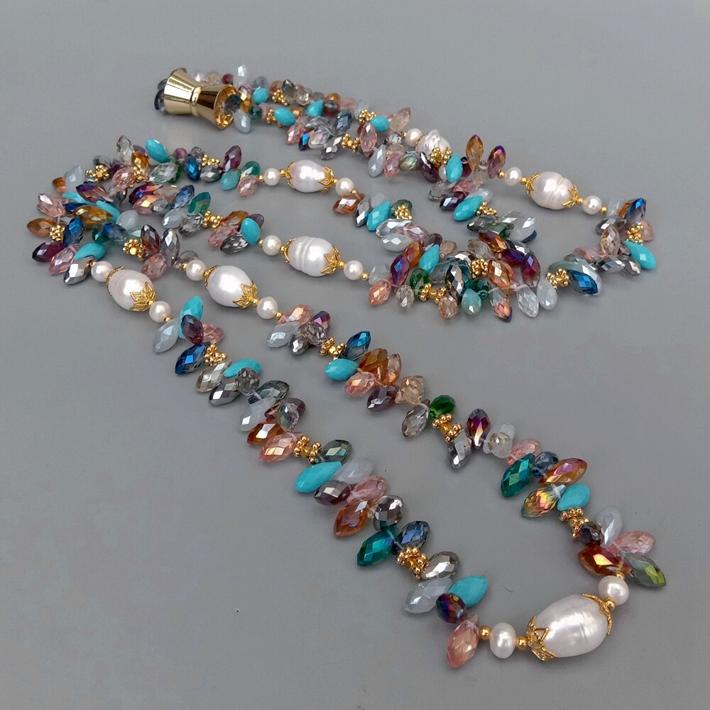 Cultured Freshwater White Rice Pearl Multi Color Crystal Long Necklace 49″