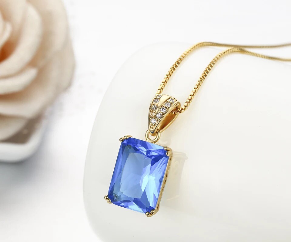 ZARD Emerald-Cut Rectangle Blue Cubic Zirconia Pendant Necklaces in Gold Tone