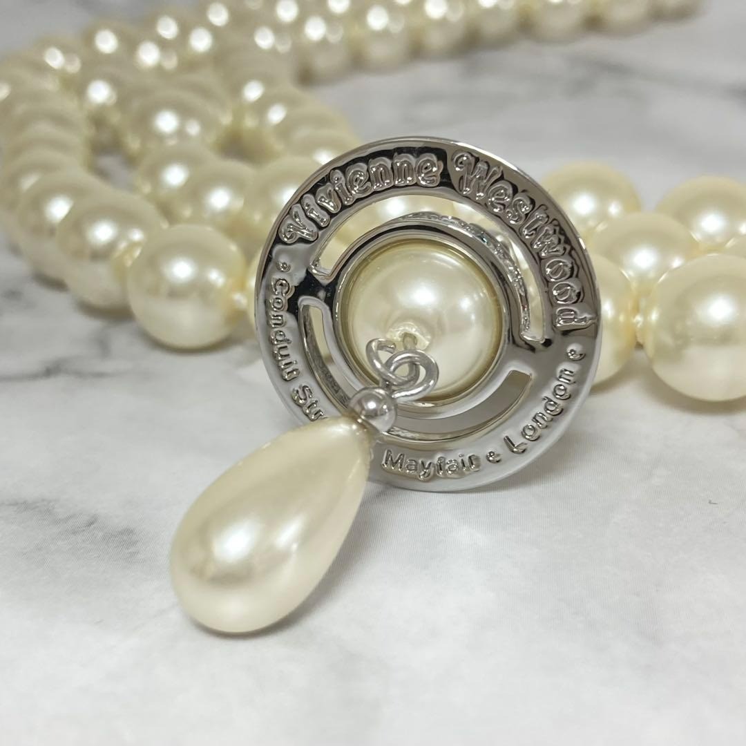 Vivienne Westwood Necklace 3-strand Pearl Drop Silver w/drawstring [E0155