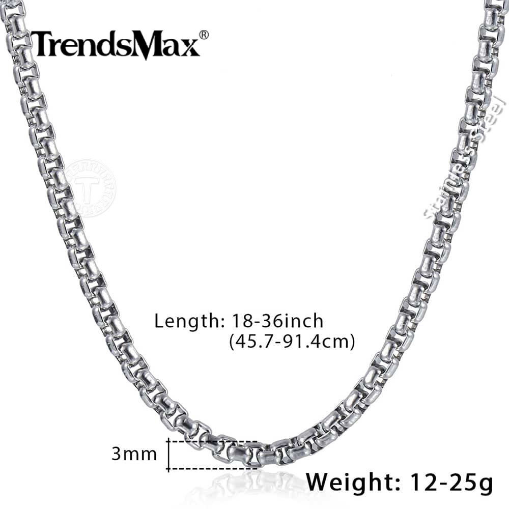 3mm Mens Womens Silver Stainless Steel Round Box Link Chain Necklace 18-28inch