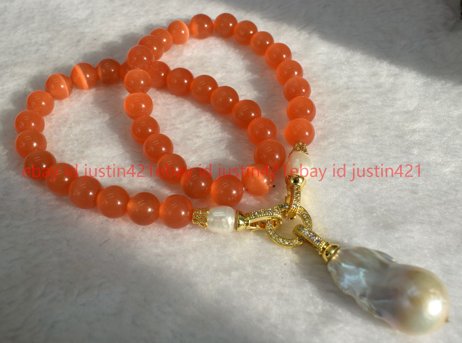 8/10/12mm Natural Orange Cat’s Eye & White Keshi Baroque Pearl Pendant Necklace