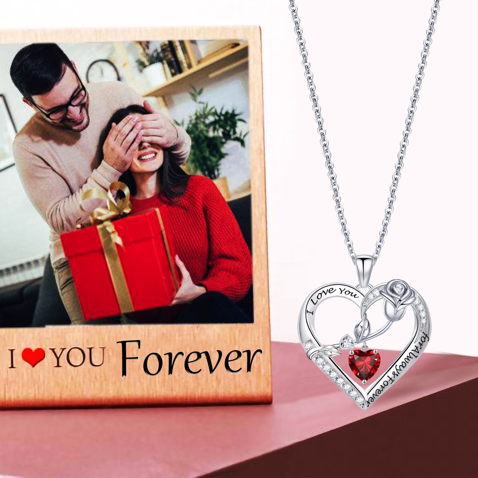 Necklac for Women White Gold Plated 5A Heart CZ Rose Engraved Necklace