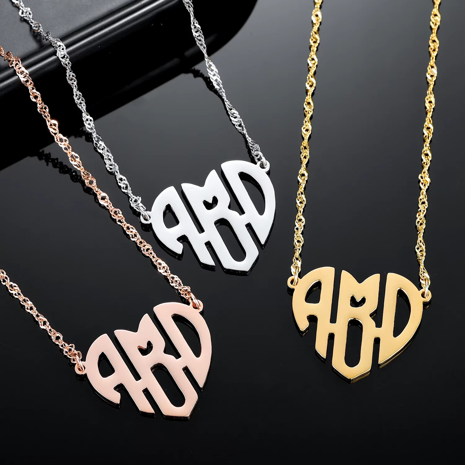Personalized Custom Heart Monogram Necklace Name Initials Jewelry Pendant Women