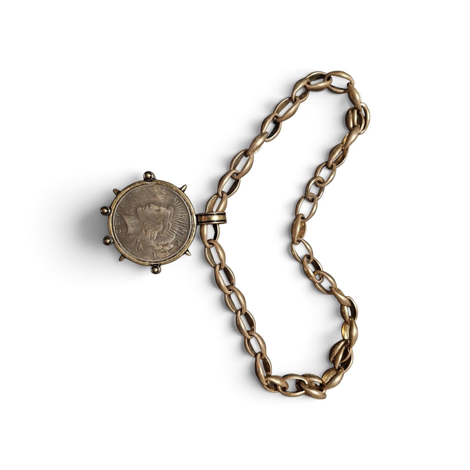 Vintage 1922 Liberty Peace Silver Dollar Coin Pendant Antique BrassLink Necklace
