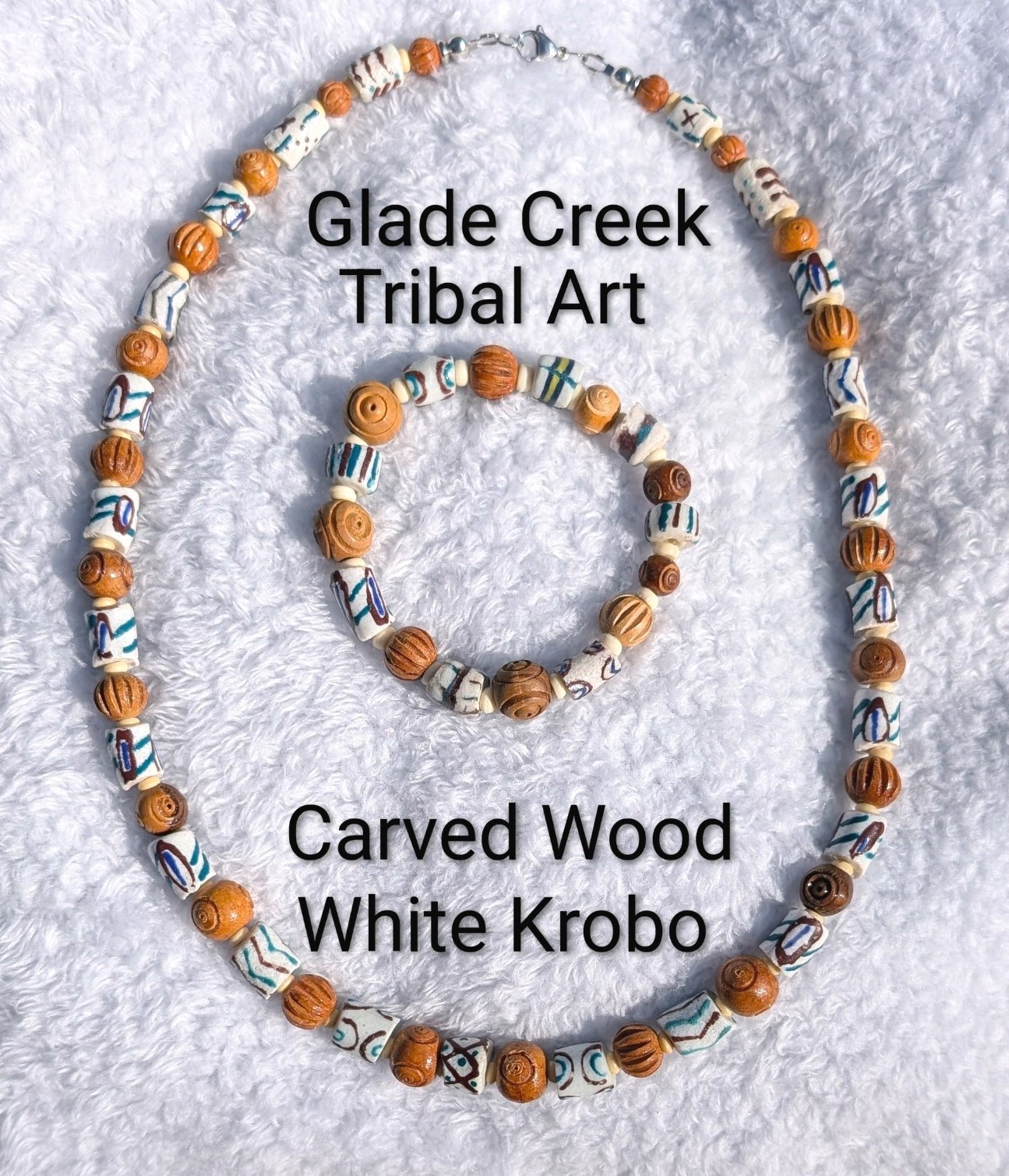 Men’s 24in Tribal Necklace and 8in sizeable Bracelet, White Krobo, for healing