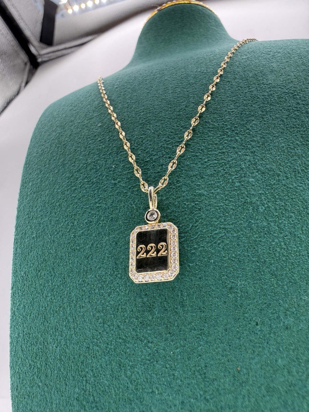 “222” Gold Plated CZ Necklace Square Design New Fancy In Box