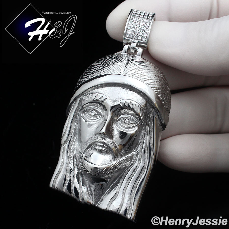 MEN STAINLESS STEEL ICY BLING CZ SILVER/GOLD PLATED BIG JESUS FACE PENDANT*IP143