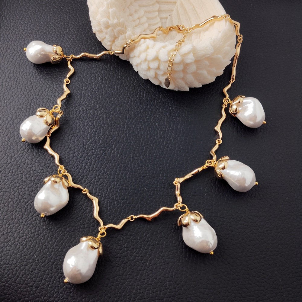 Gold Plated White Sea Shell Pearl Chain Link Necklace Jewelry Gifts Wholesale