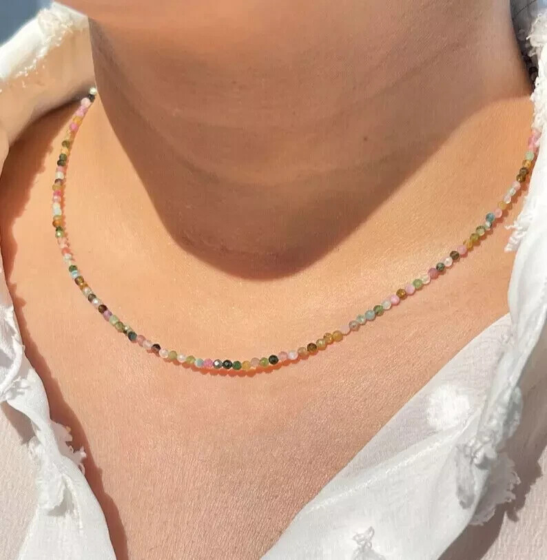 2mm Natural Rainbow Tourmaline Beaded Choker Tiny Gemstone Boho Women Necklace
