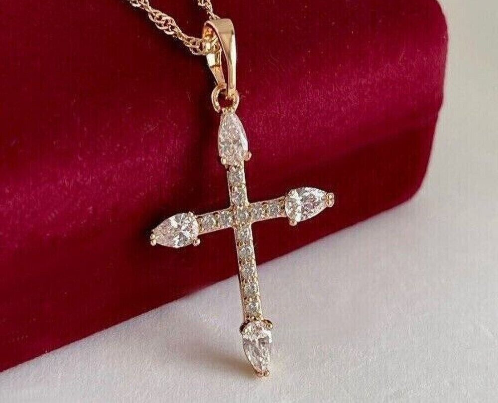 925 Sterling Silver Simulated Diamond Holy Cross Pendant 14K Yellow Gold Plated