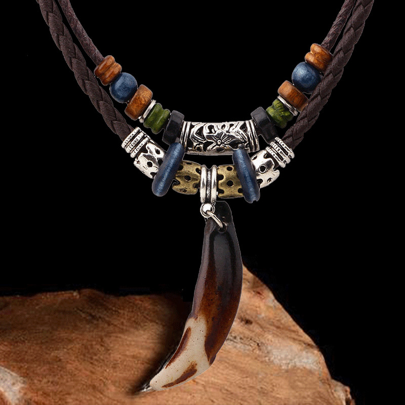 Men’s Fashion Jewelry Brown Leather Beaded Weave Rope Tooth Pendant Necklace 420