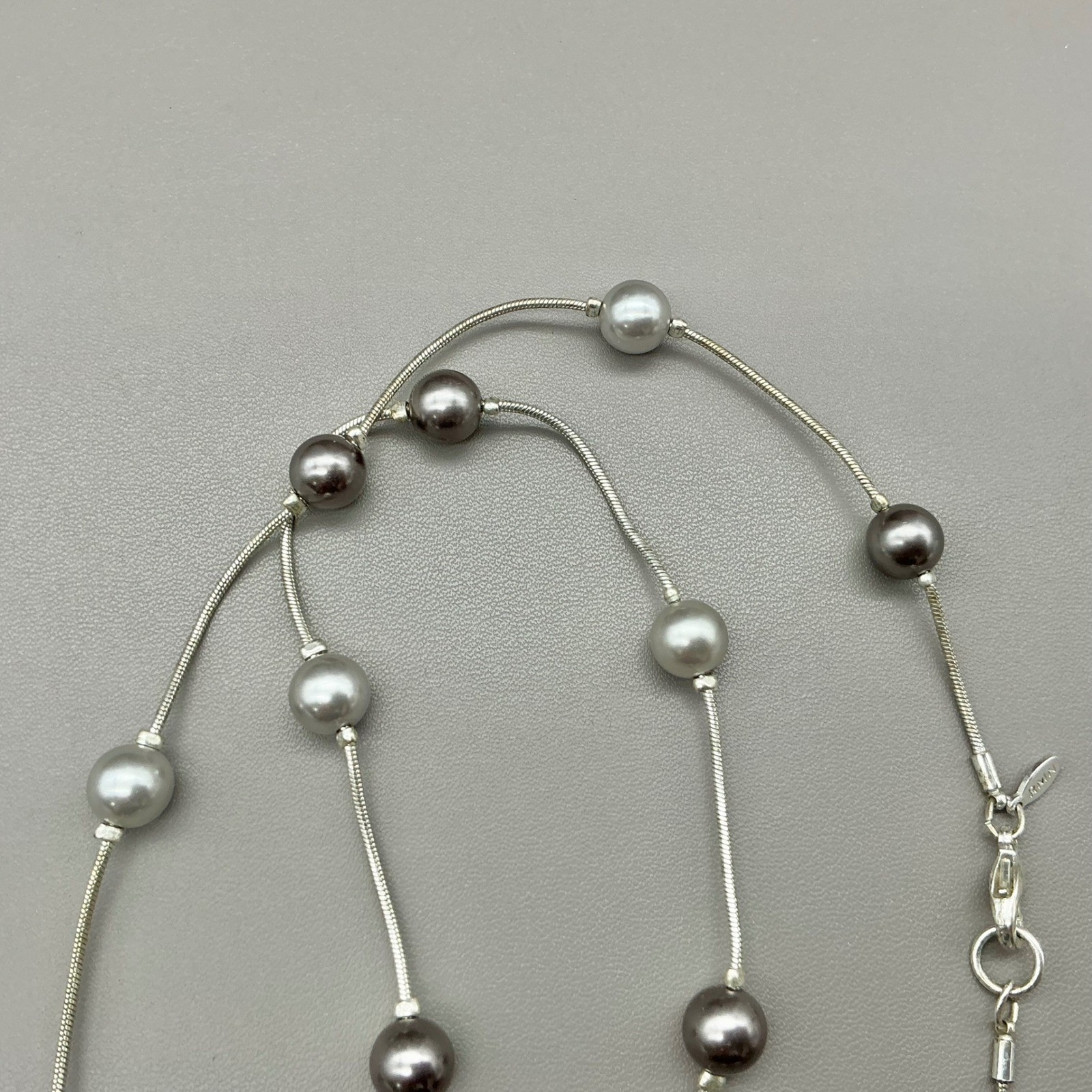 Roman Necklace Womens Silver Tone Pearl Station Snake Chain Double Strand 48″