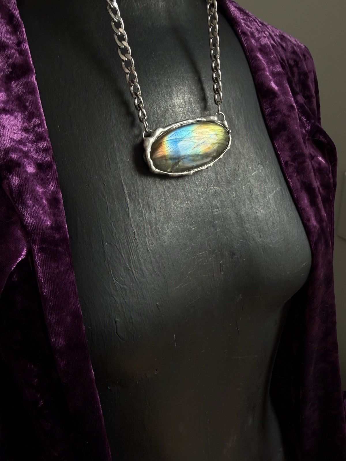 Labradorite Crystal Gemstone Necklace Pendant Statement Jewelry Rocker Biker