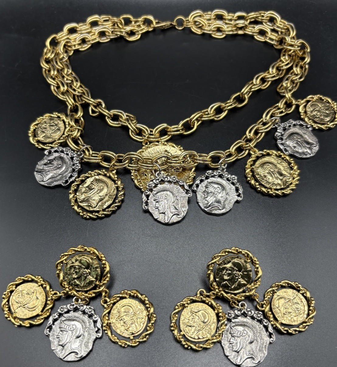 coin charm necklace Earrings Set Layered Two Tone Roman Greek Soldier Medallion