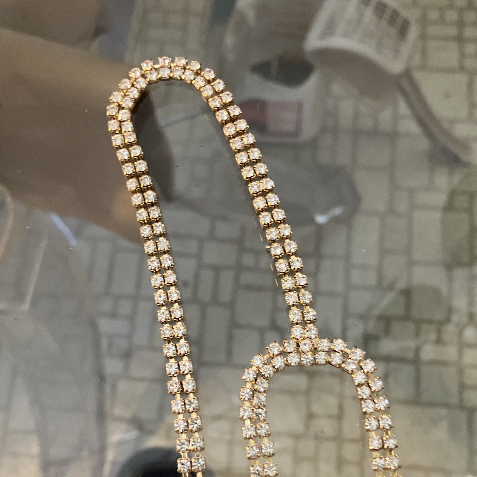 Gold Plated Tennis Chain Necklace White/Colorless Round Rhinestones, Spring Ring