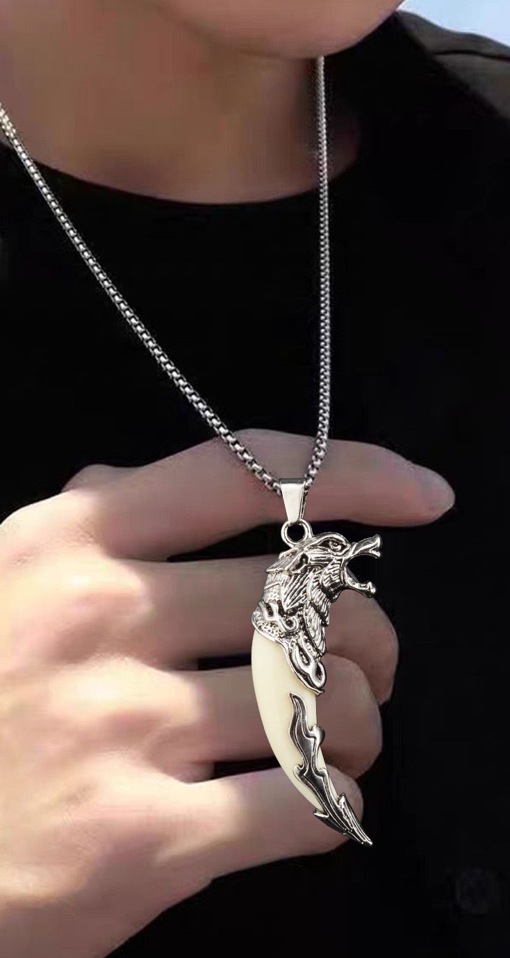 Titanium Steel Wolf Tooth Pendant Necklace Gothic Turquoise Red Stone Jewelry