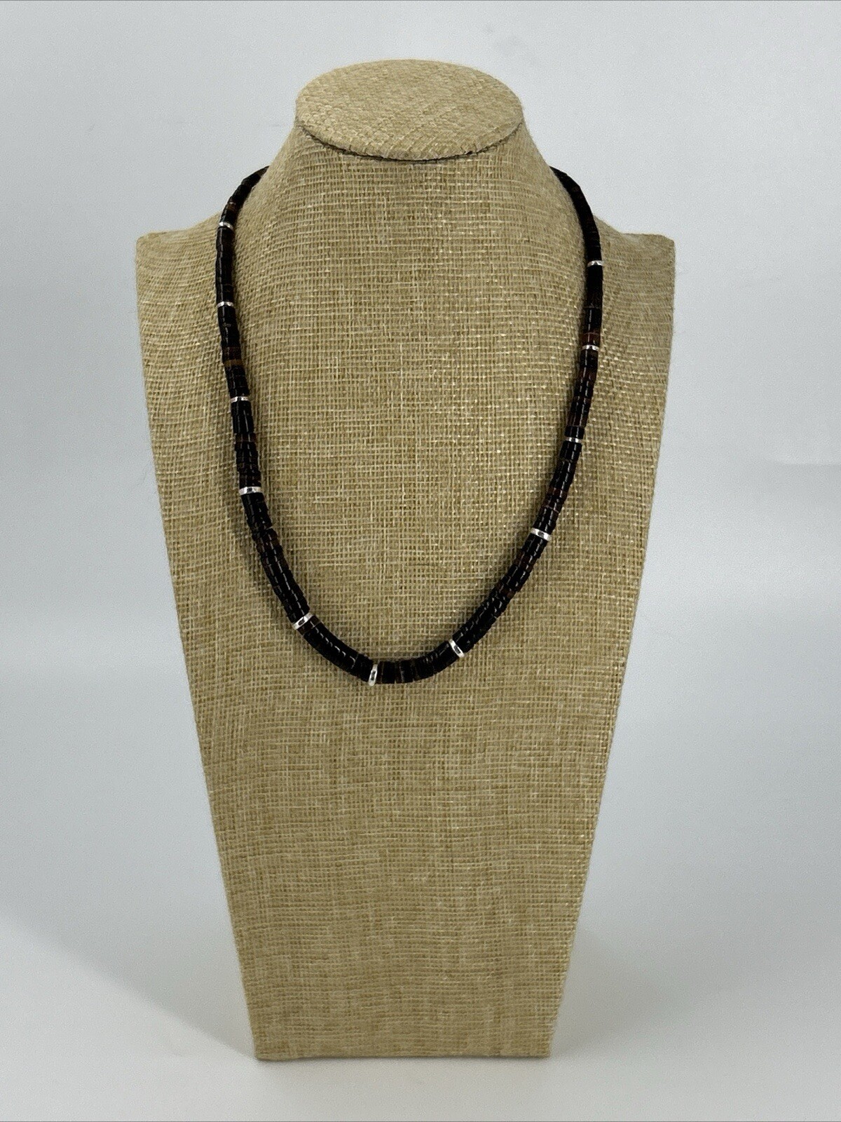 Natural Stone Chocker Necklace Graduated Silver Spacer Beads Earthy 17-20″