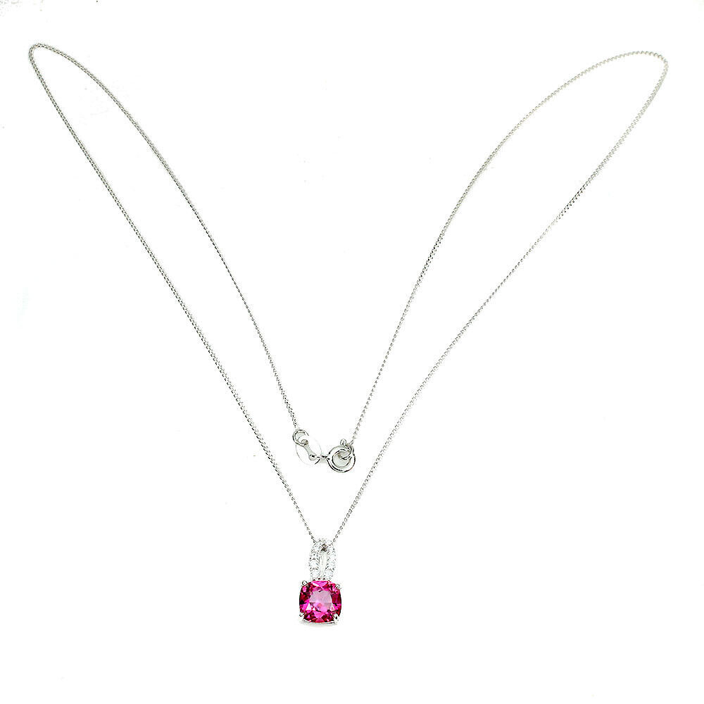 Surface Coated Cushion Pink Topaz 7mm Simulated Cz 925 Sterling Silver Necklace