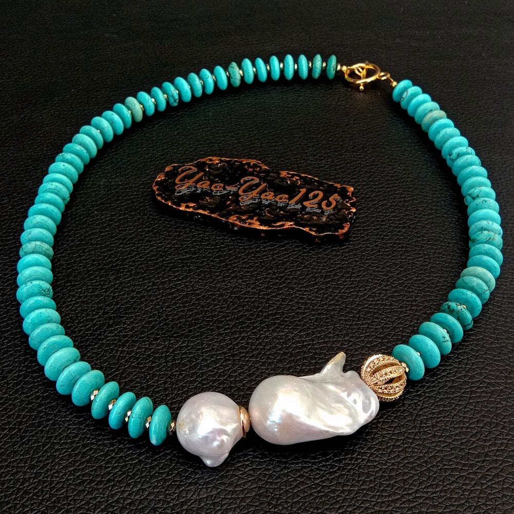 20″ Freshwater Cultured White Keshi Pearl Blue Disc Turquoise Necklace