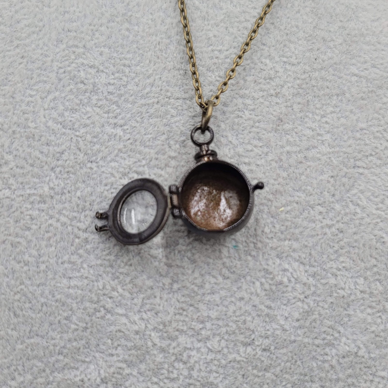Glass Bubble Locket Charm Cage Pendant Necklace Bronze tone Chain 20″