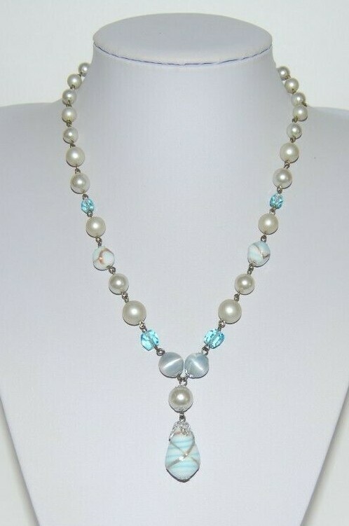 Vtg MCM Japan Light Blue Acrylic Beads And Venetian Style Glass Beads Necklace