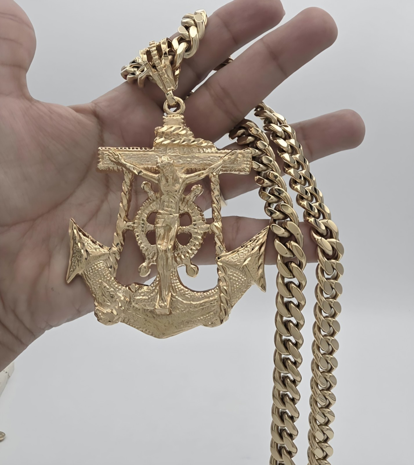 Large Gold Anchor Jesus Necklace 10mm Cuban Chain 14K Heavy Plated Gold